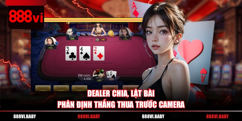 Dealer chia, lật bài phân định thắng thua trước camera